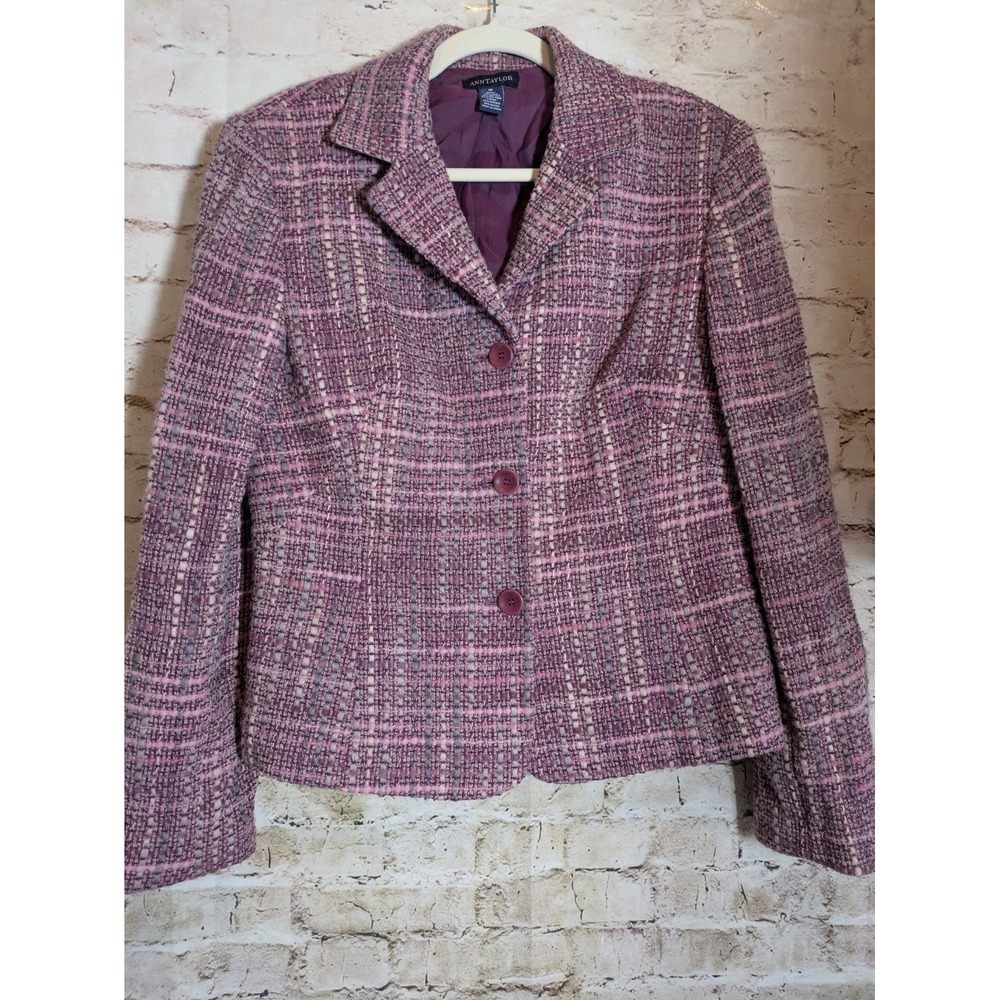 Ann Taylor Wool Tweed Blazer Women's 12 Pink & Purple Three Button Romantic Fit